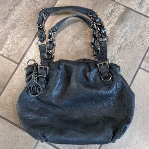 Michael Kors Leather Textured Boho Hobo Chic Shoulder Bag Chain Detail Black